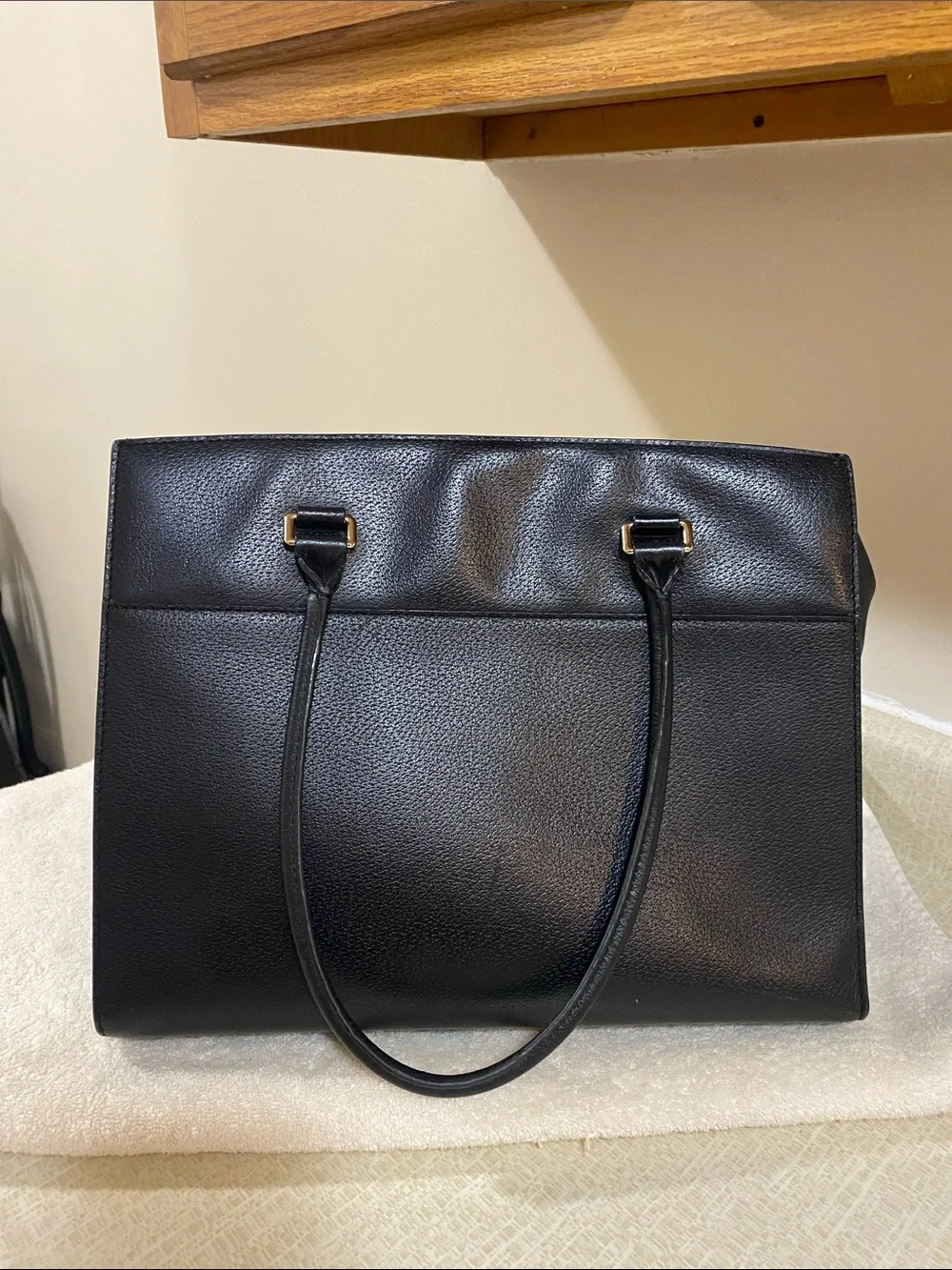 kate spade Black Leather Structured Tote with Gold Plaque